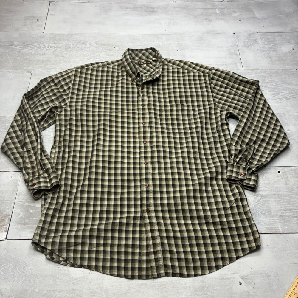 Stetson Button Down Shirt Mens 2XL Green Plaid Cotton Long Sleeve Western Top